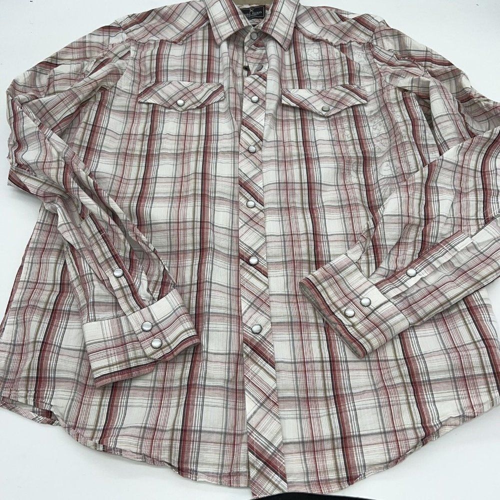 Marc Ecko Men's Red Plaid Long Sleeve Pearl Snap Western Shirt Size Medium